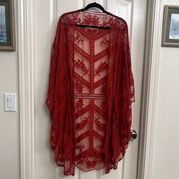 Lace Red Rust Oversized Duster Kimono One Size Fits All - Picture 3 of 8
